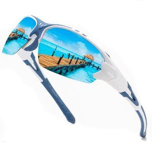White And Blue Shield Wraparound Sports Running Reflective Mirror Sunglasses